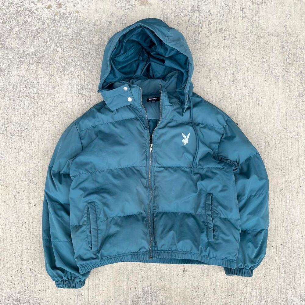 Playboy By Pacsun Mens Puffer Jacket Full Zip Hoodie Green Size M/L 25x24